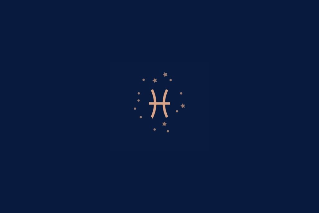 Ilustração do signo de peixes rodeado por estrelas em um fundo azul-escuro