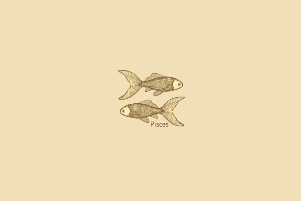 Ilustração do signo de peixes centralizado, com o nome do signo embaixo, em um fundo rosa-salmão