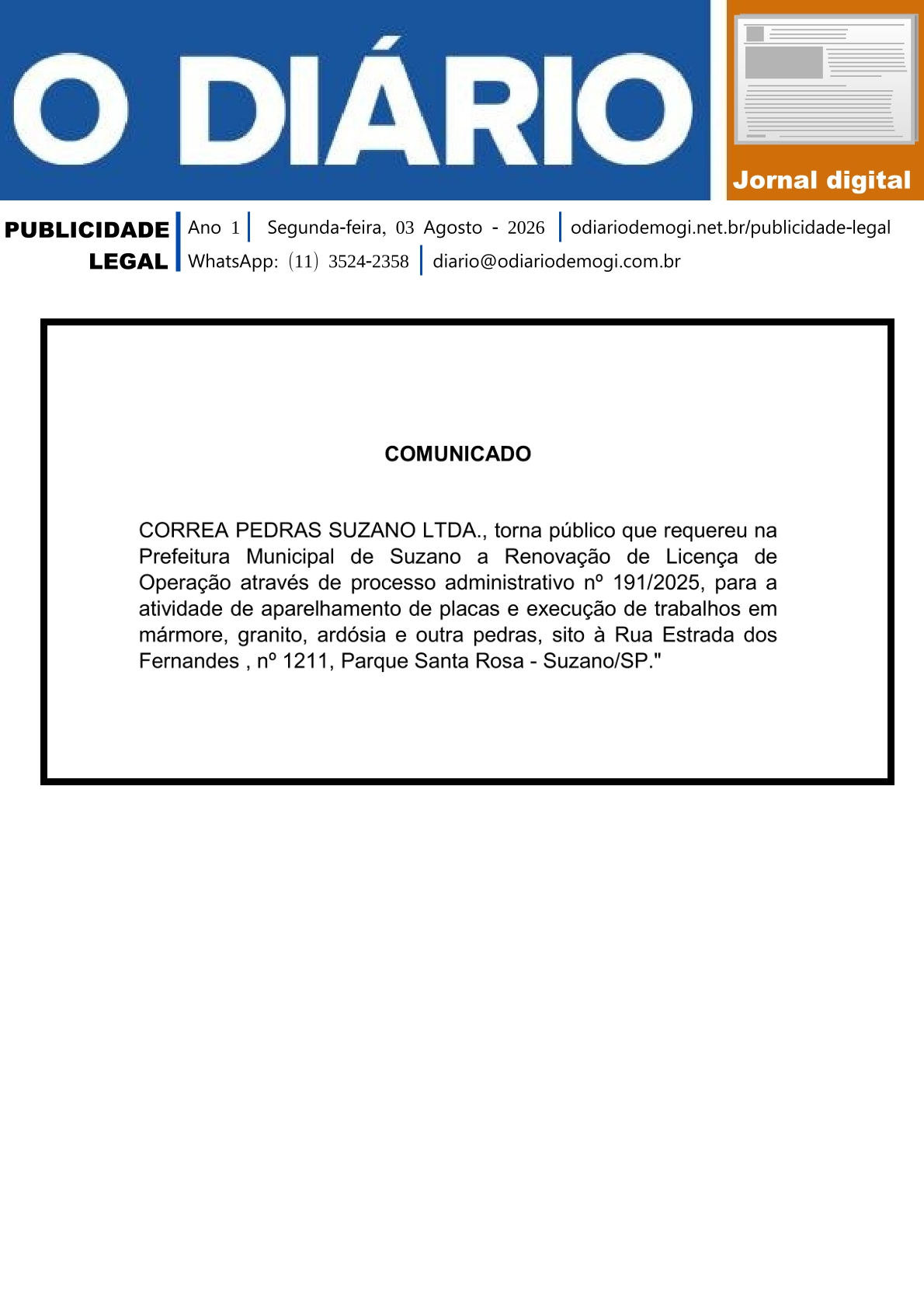 Segunda-feira, 03 de Agosto