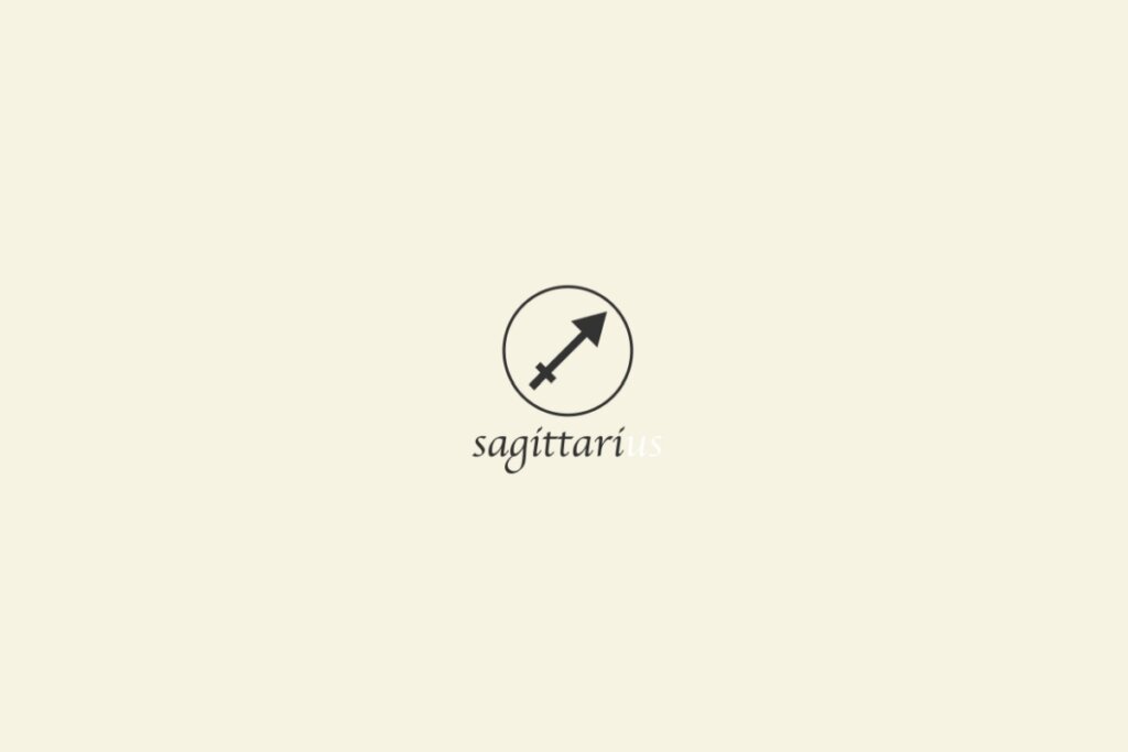 Ilustração do signo de sagitário na cor preta, com um círculo em volta e o nome abaixo, sobre um fundo amarelo-claro