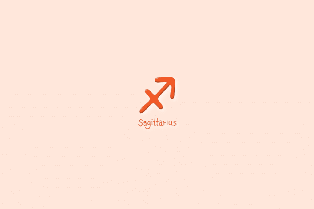 Ilustração do signo de sagitário, na cor laranja-escuro, com o nome abaixo e centralizado em fundo laranja-claro