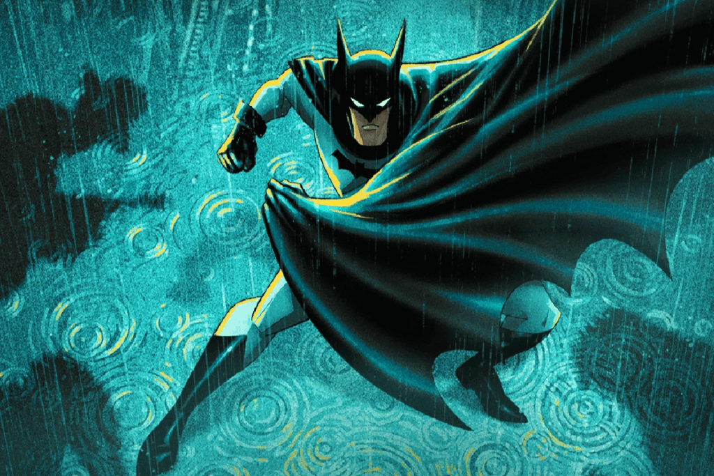 Ilustração do Batman correndo na chuva com sombra de vilões ao redor