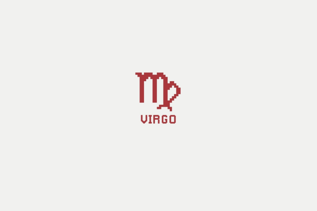 Ilustração do signo de virgem em vermelho e com o nome abaixo, centralizado em um fundo cinza-claro