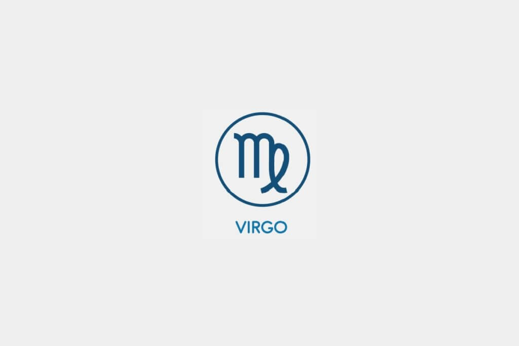 Círculo azul com o símbolo do signo de Virgem ao centro e o nome do signo abaixo, sobre um fundo cinza-claro