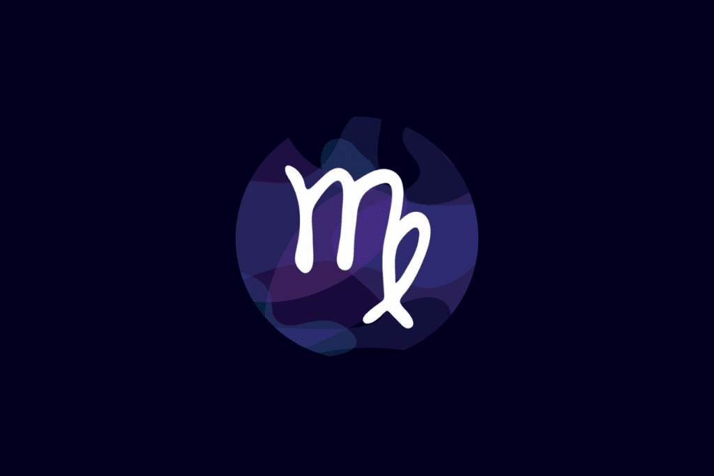 Ilustração do símbolo do signo de virgem em branco, centralizado sobre um círculo com tons de azul e roxo, em fundo azul-escuro.