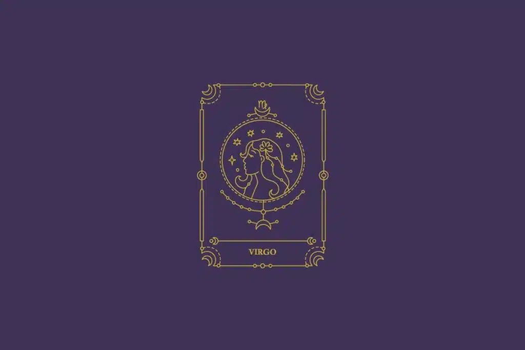 Ilustração do signo de virgem em dourado com detalhes na mesma cor ao redor. Fundo roxo-escuro