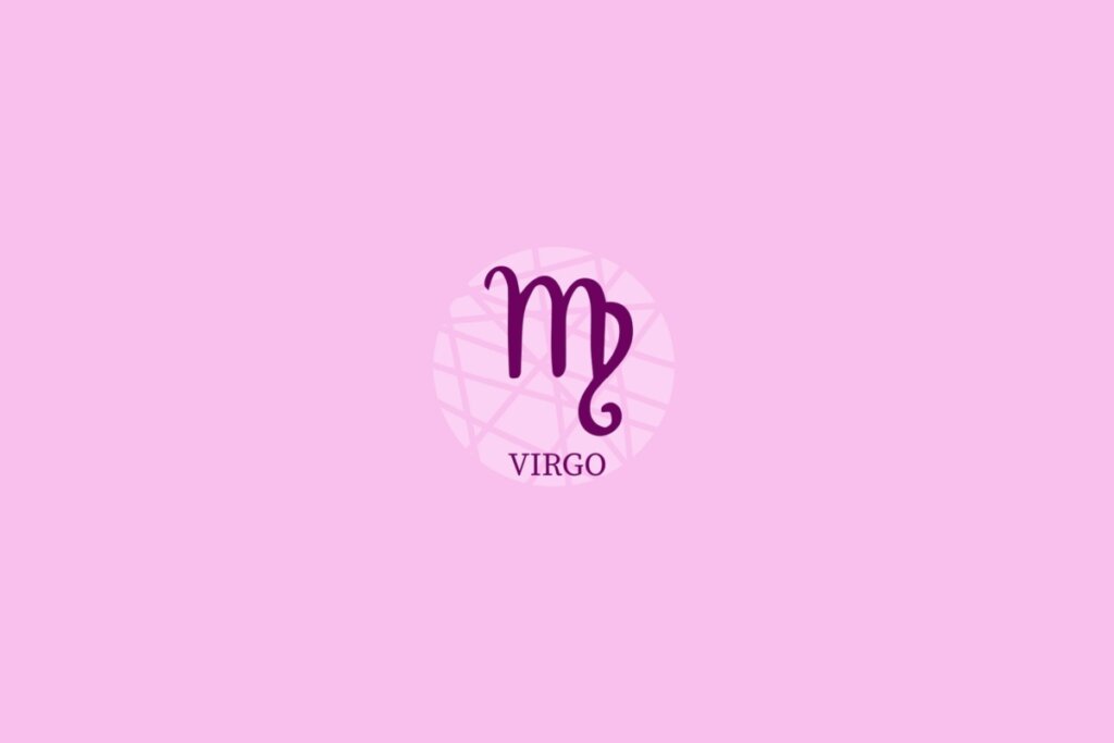 Ilustração de círculo lilás-claro com desenho e nome do signo de virgem sobre fundo lilás