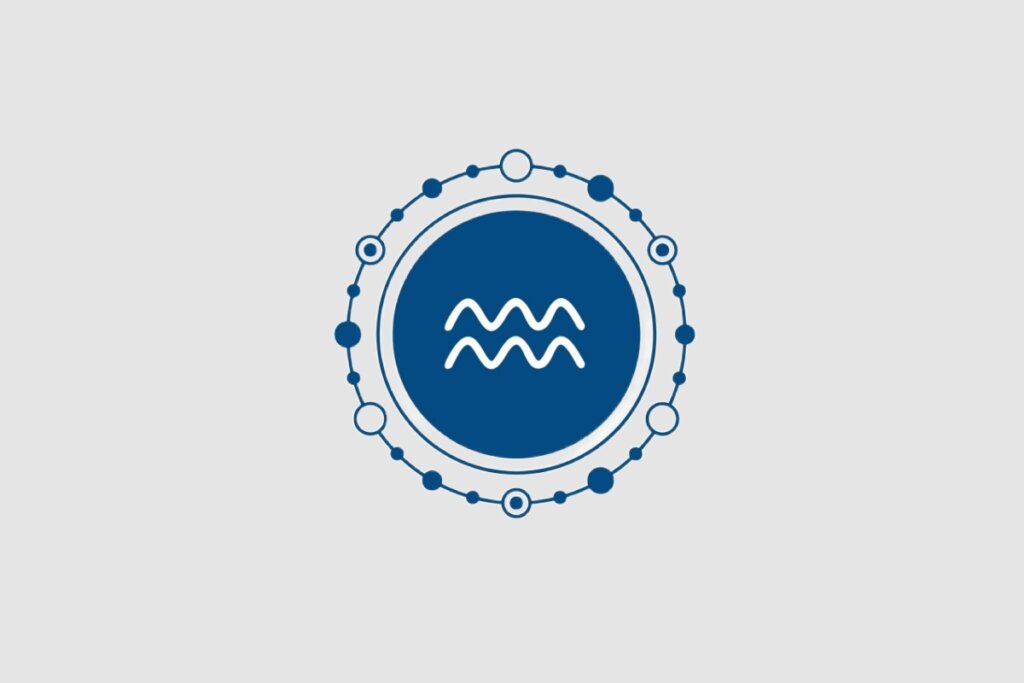 Ilustração do signo de Aquário, com duas linhas onduladas brancas paralelas sobre um fundo azul-escuro cercado por elementos circulares decorativos