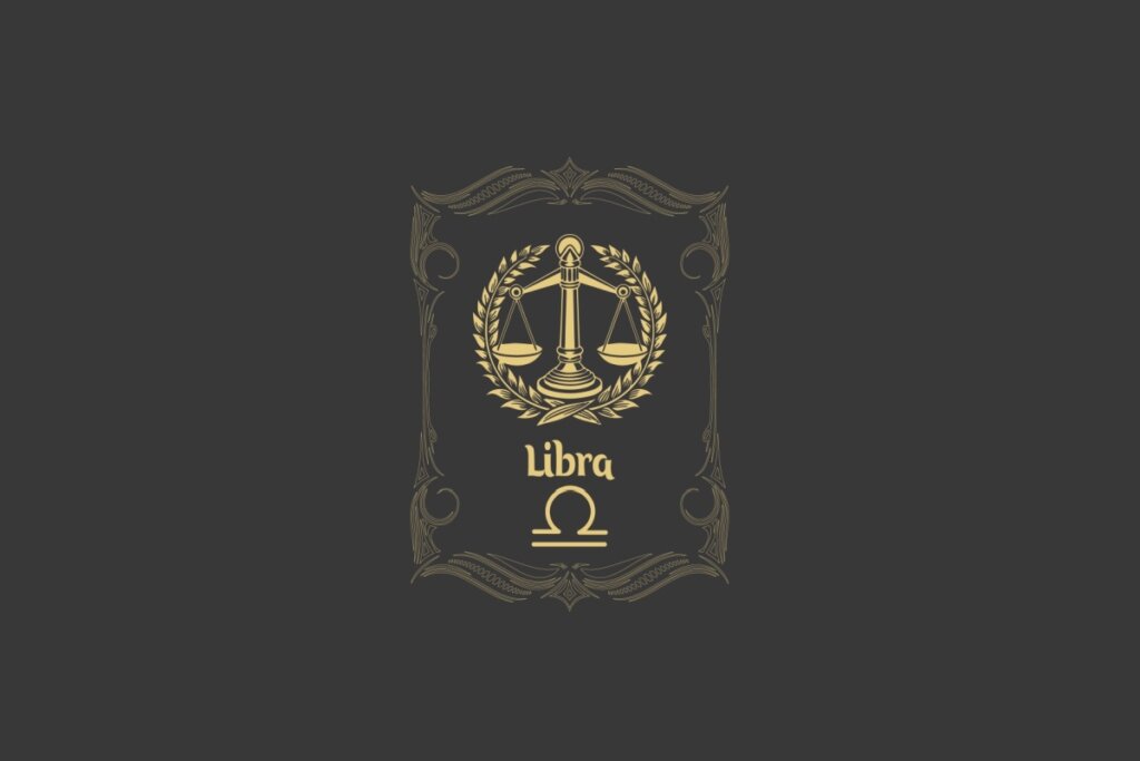 Ilustração do signo de Libra com uma balança dourada no centro de uma moldura decorativa