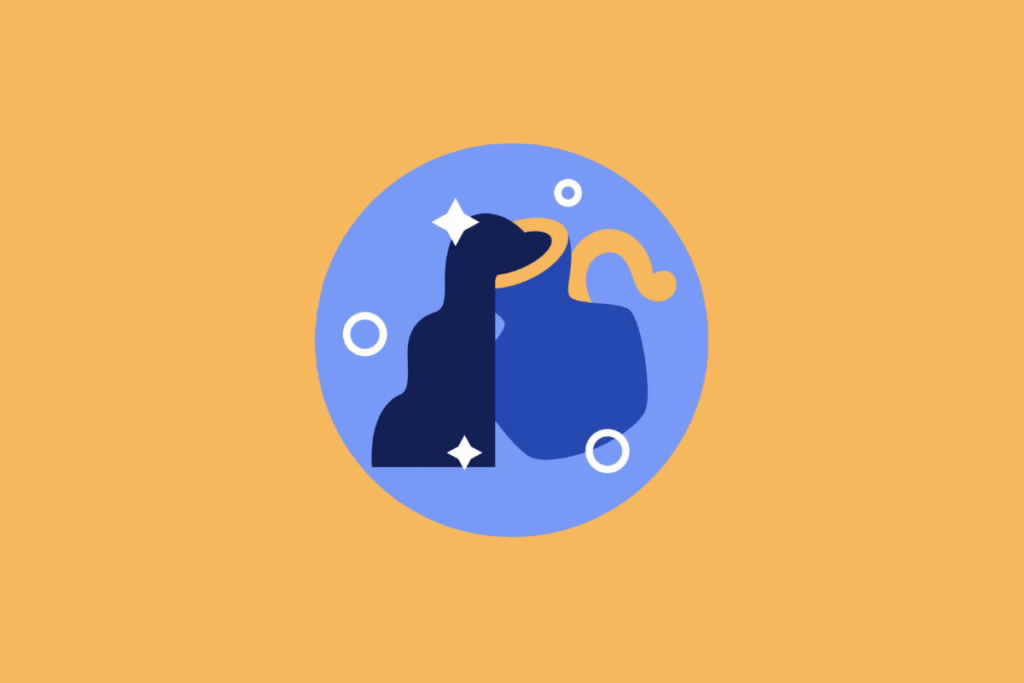 Ilustração vetorial em círculo azul sobre fundo amarelo representando o signo de Aquário. Mostra um vaso derramando água, com pequenas estrelas e círculos brancos decorativos ao redor. A imagem está centrada em um fundo laranja