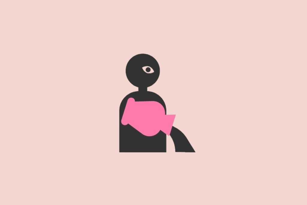 Ilustração estilizada de uma silhueta humana preta segurando um vaso rosa que derrama água, sobre um fundo rosa-claro.