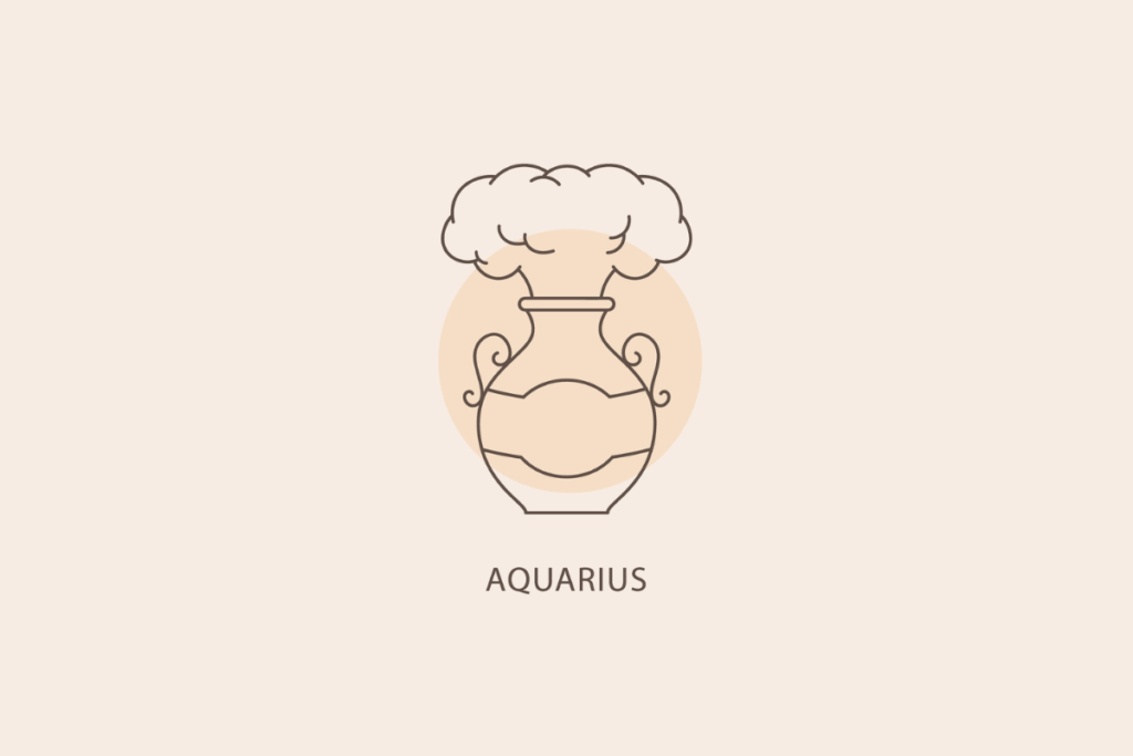 Ilustração em linhas finas de um vaso de cerâmica expelindo uma nuvem de vapor/água, com um círculo bege ao fundo e a palavra "AQUARIUS" abaixo.