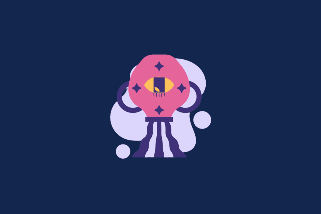Ilustração do signo de Aquário sobre fundo azul-escuro. Ao centro, um jarro rosa com duas alças roxas e o desenho de um olho amarelo derrama água em faixas roxas e brancas. A ilustração traz pequenos detalhes de estrelas e formas abstratas em tom lilás ao fundo.