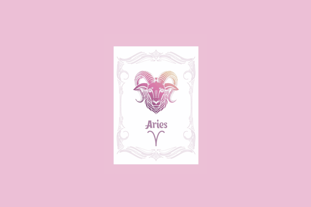 Um cartão branco com uma moldura ornamentada em rosa claro contém a ilustração da cabeça de um carneiro com um gradiente de roxo a laranja, e o texto "Aries" acima do símbolo do carneiro, tudo sobre um fundo rosa sólido.
