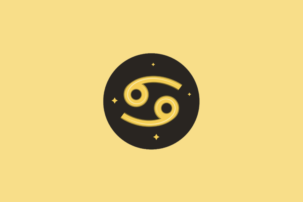 Símbolo do signo de Câncer em um círculo preto sobre fundo amarelo.