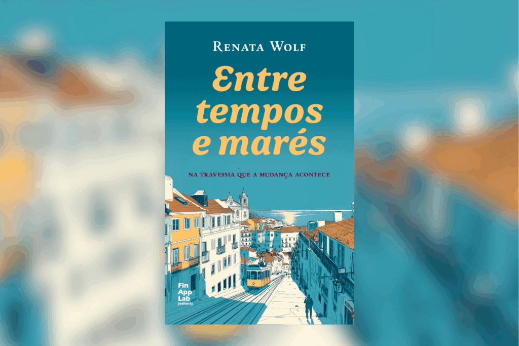 Capa de livro azul com ilustração de cidade em tons de branco, azul e laranja e com título escrito em amarelo e nome do autor em branco