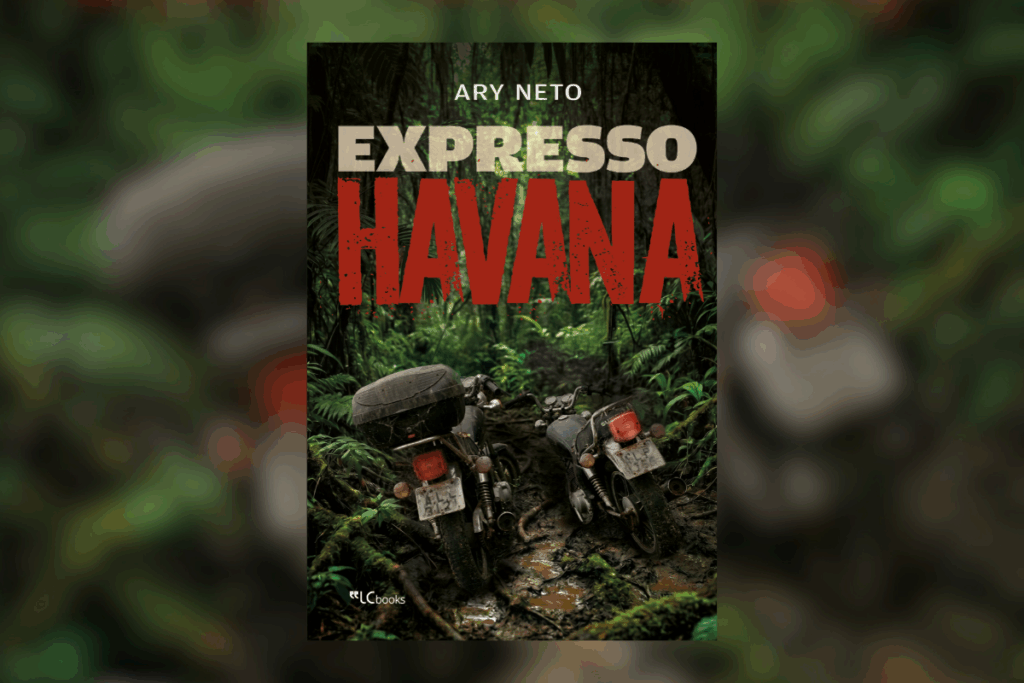 Capa de livro com título e nome do autor em bege e vermelho e com imagem de duas motos no meio da floresta 