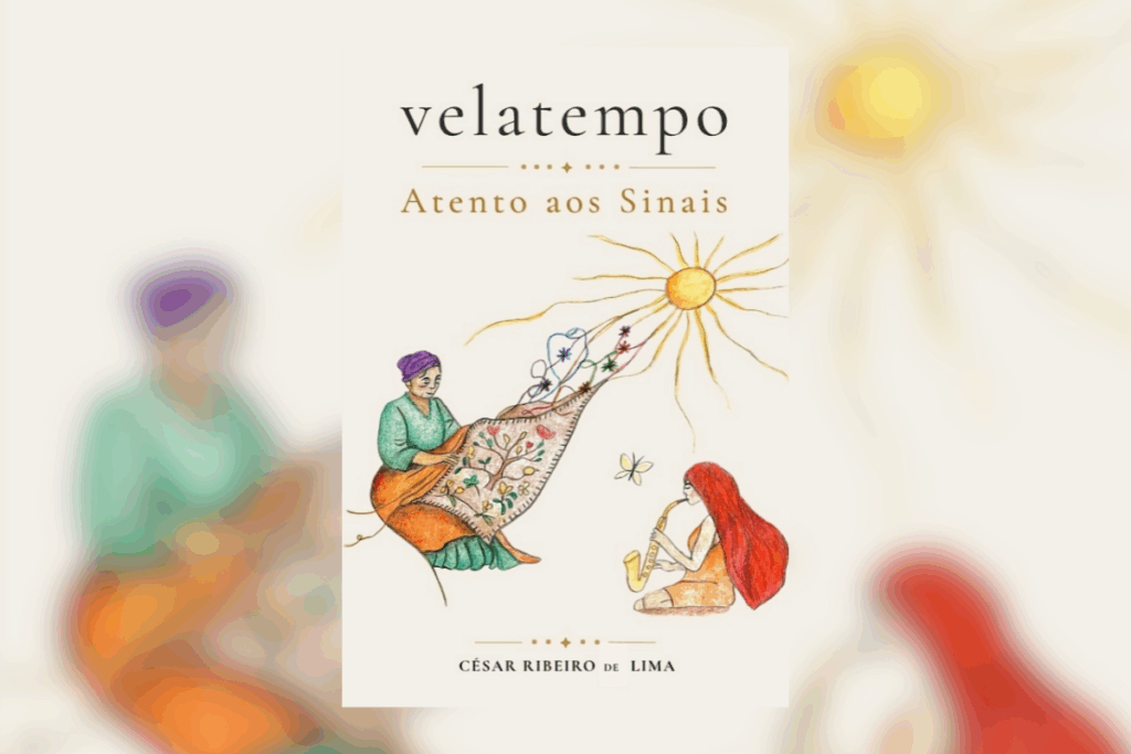 Capa de livro bege com título e nome do autor em laranja com ilustração de duas mulheres tocando instrumentos musicais