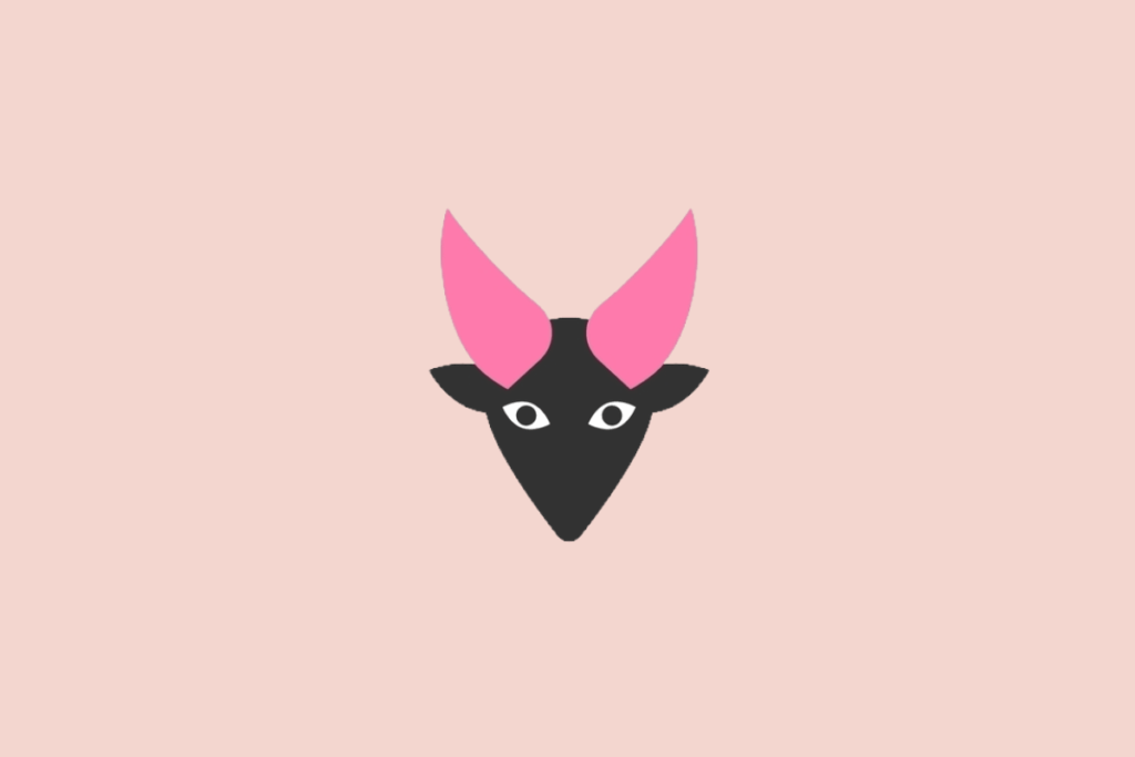 Ilustração estilizada da cabeça de uma cabra preta com chifres pontudos e rosa-choque, sobre um fundo rosa-claro.
