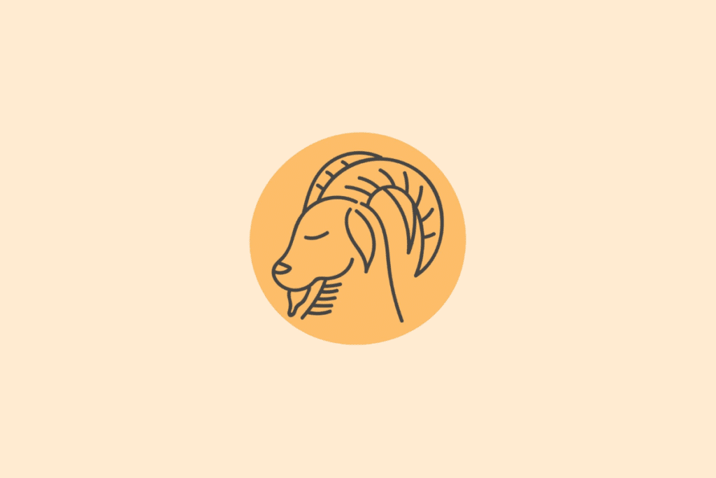 Ilustração minimalista em traços pretos sobre um círculo amarelo-alaranjado, exibindo o perfil da cabeça de um bode com chifres grandes, representando o signo de Capricórnio.