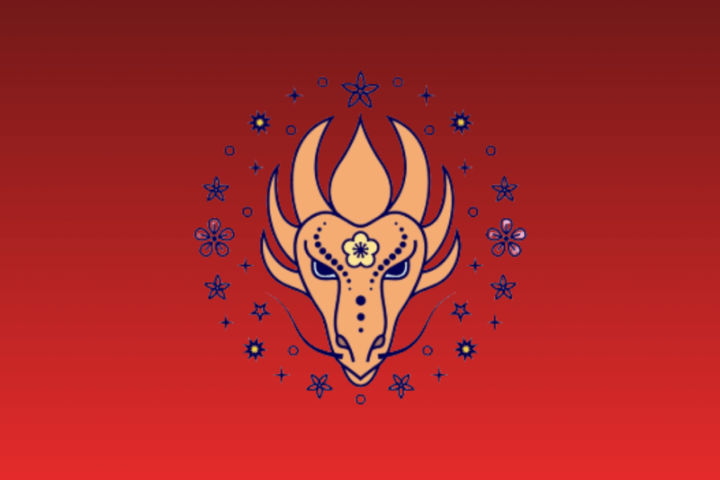 Ilustração estilizada da cabeça de um dragão amarelo com chifres e detalhes no rosto, cercado por flores e estrelas sobre fundo vermelho gradiente.