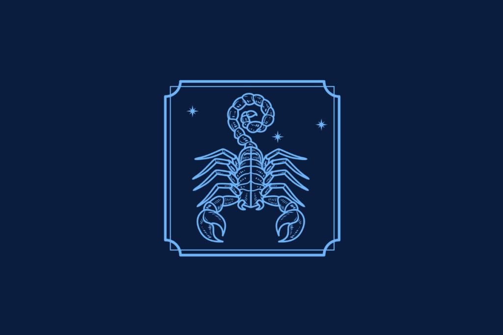 Ilustração em linhas azuis em fundo azul-escuro apresentando um escorpião visto de cima, com garras e cauda curvada, dentro de uma moldura quadrada com estrelas.
