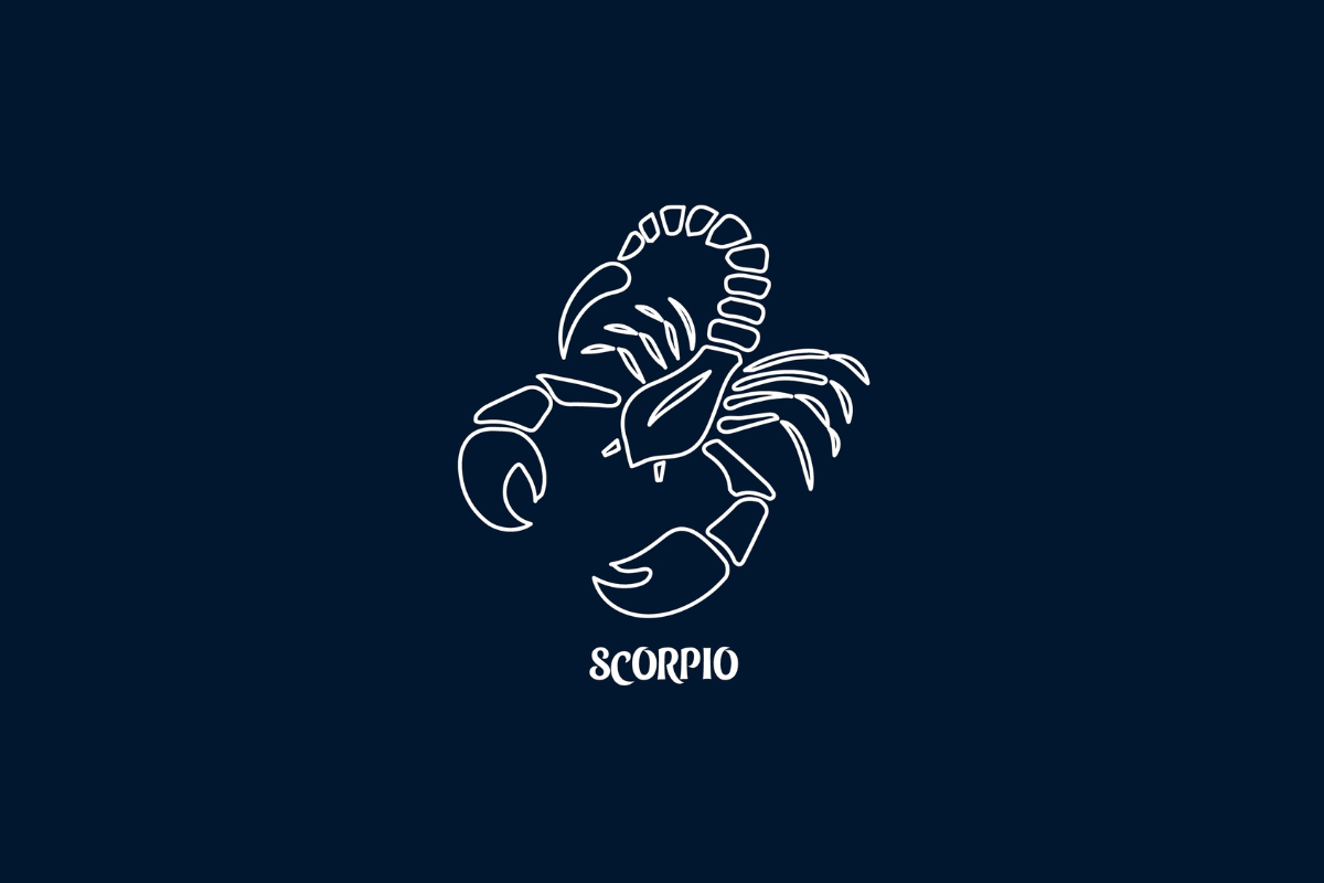 Uma ilustração branca de linha única do signo de Escorpião em um fundo azul escuro, com o texto "SCORPIO" abaixo.