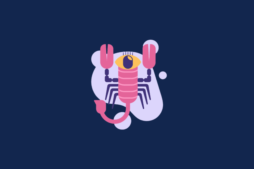 Ilustração do signo de Escorpião sobre fundo azul-escuro. No centro, o corpo do escorpião é cor-de-rosa com listras horizontais e traz um olho amarelo no topo. Ele possui garras rosa erguidas, patas laterais roxas e uma cauda curva apontada para a esquerda. O fundo tem uma forma abstrata lilás.