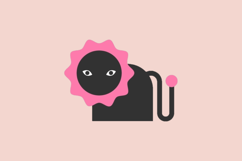 Ilustração estilizada de um leão preto com juba e ponta da cauda na cor rosa-choque, sobre um fundo rosa-claro.