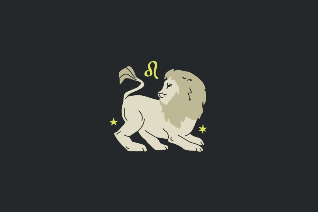 Ilustração minimalista em tom bege sobre fundo cinza-escuro representando o signo de Leão, com um leão em postura abaixada, o símbolo curvo em amarelo e pequenas estrelas.