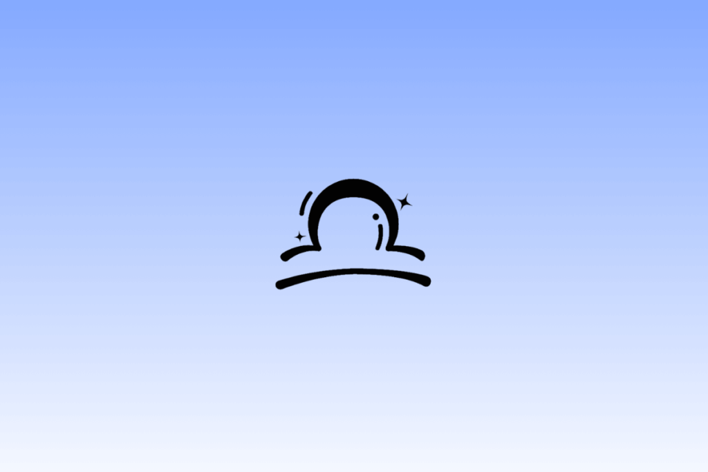 Ícone preto do símbolo do signo de Libra, composto por uma linha curva sobre uma linha reta, centralizado em um fundo com gradiente azul e cercado por pequenas estrelas.