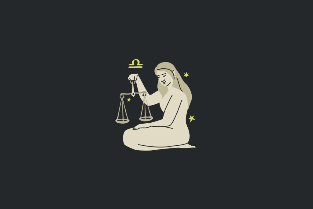 Ilustração minimalista em tom bege sobre fundo cinza-escuro representando o signo de Libra, com uma figura humana ajoelhada segurando uma balança, o símbolo correspondente em amarelo e pequenas estrelas.