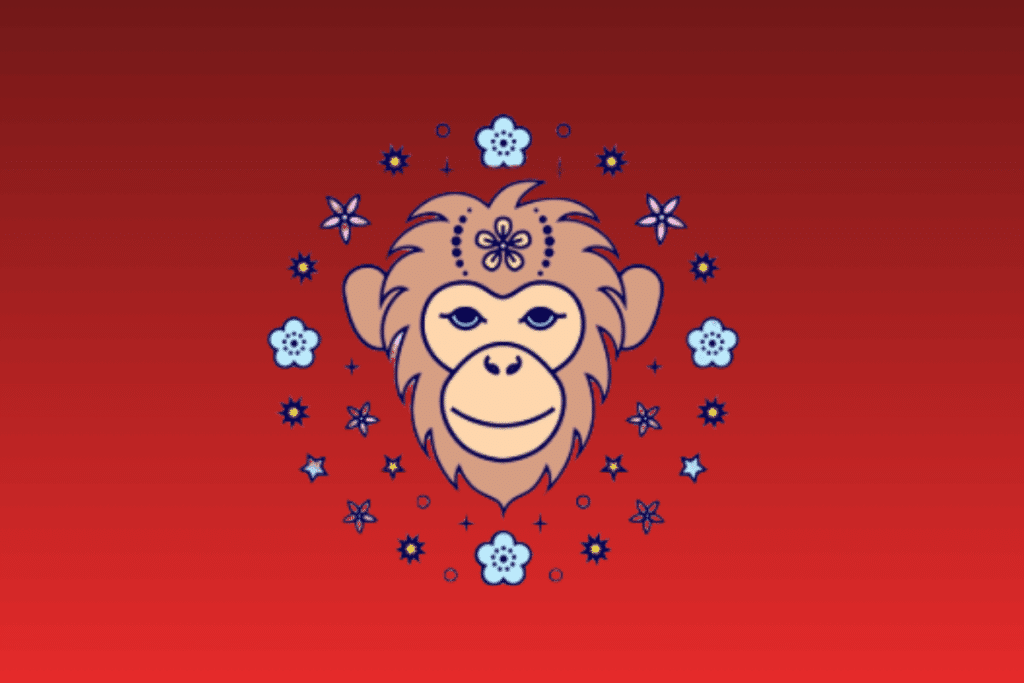 Ilustração estilizada da cabeça de um macaco sorridente com detalhes florais na testa, cercado por flores e estrelas sobre fundo vermelho gradiente.