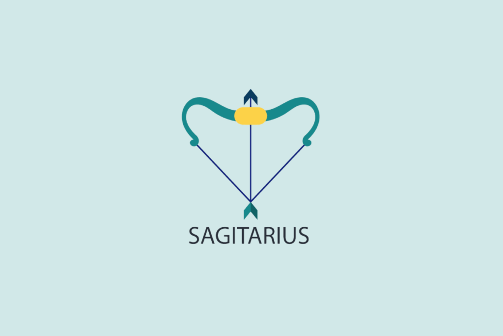 Ilustração vetorial em estilo plano de um arco esticado com uma flecha apontada para cima, sobre um fundo azul-claro com a palavra "SAGITARIUS" escrita abaixo.