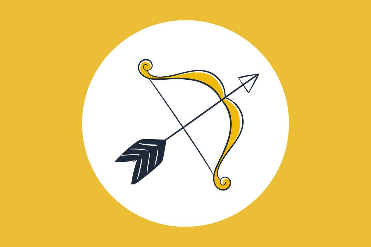 Ilustração minimalista de um arco amarelo e uma flecha preta com a ponta apontada para cima e para a direita, dentro de um círculo branco sobre um fundo dourado.