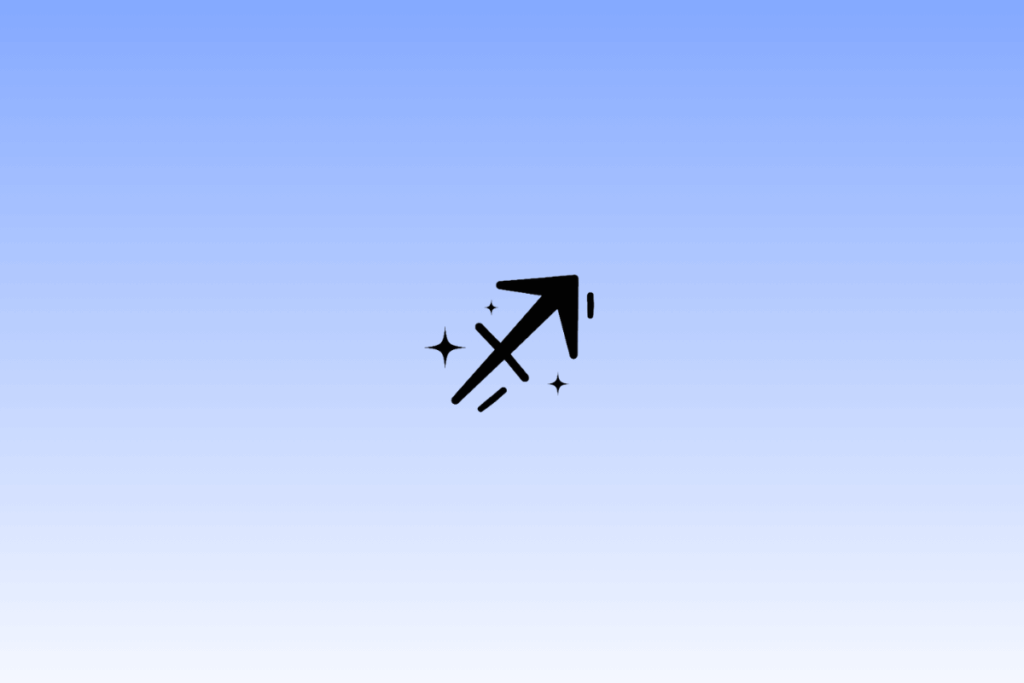 Ícone preto do símbolo do signo de Sagitário, representado por uma seta inclinada apontando para o canto superior direito, centralizado em um fundo com gradiente azul e cercado por pequenas estrelas.