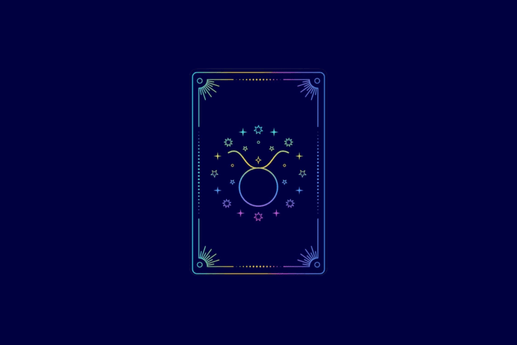 Ilustração no estilo carta de tarot com fundo azul-escuro e moldura retangular em gradiente colorido. No centro, o símbolo do signo de Touro.