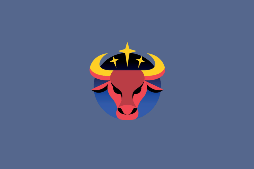 Ilustração do signo de Touro, destacando a cabeça de um touro vermelho de frente com grandes chifres amarelos e três estrelas douradas acima, dentro de um círculo azul e preto.