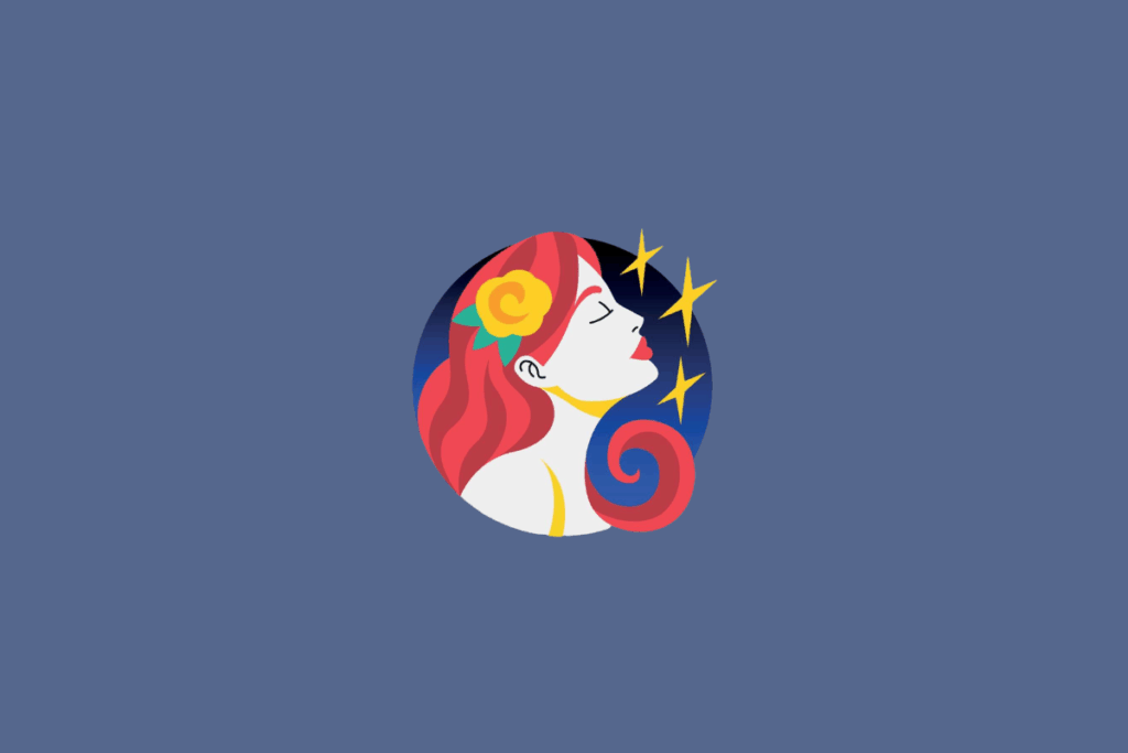 Ilustração do signo de Virgem, retratando o perfil de uma mulher com longos cabelos vermelhos adornados por uma flor amarela e três estrelas douradas ao lado, dentro de um círculo azul e preto.