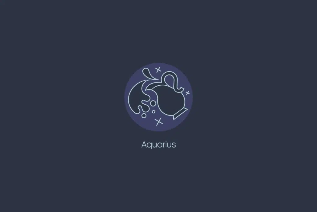 Ilustração do signo de aquário dentro de um círculo azul-claro com estrelas, nome do signo abaixo e fundo azul-escuro