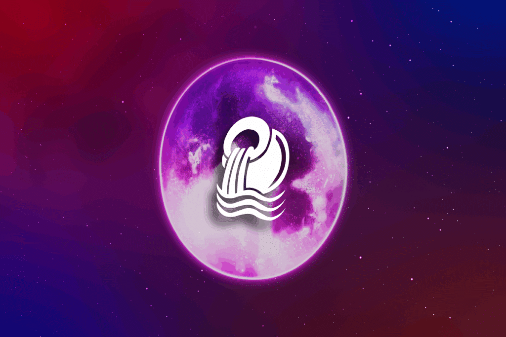 A imagem apresenta uma representação do signo de aquário, com a silhueta branca de um jarro posicionada no centro de uma lua em tons de roxo e rosa.