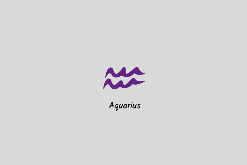 Ilustração do signo de Aquário em roxo, com o nome abaixo, centralizada sobre um fundo cinza-claro