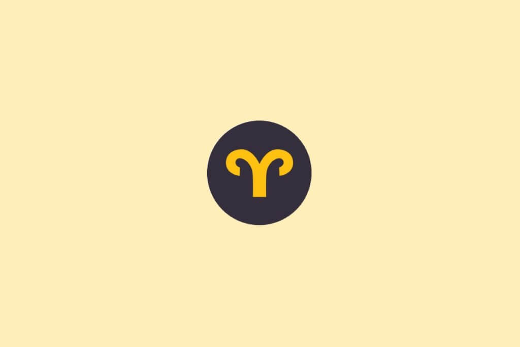 Um símbolo do signo de Áries em amarelo, dentro de um círculo escuro, sobre um fundo claro bege