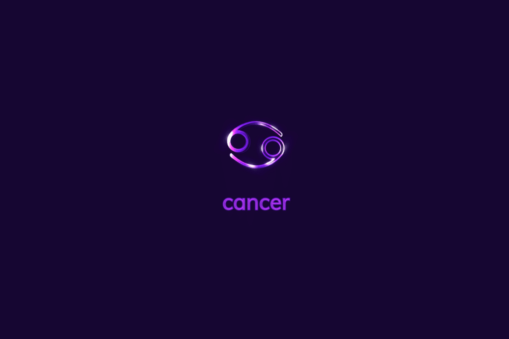 Ilustração do signo de câncer em roxo-claro, com luzes brancas, nome do signo abaixo e composição centralizada sobre fundo roxo-escuro