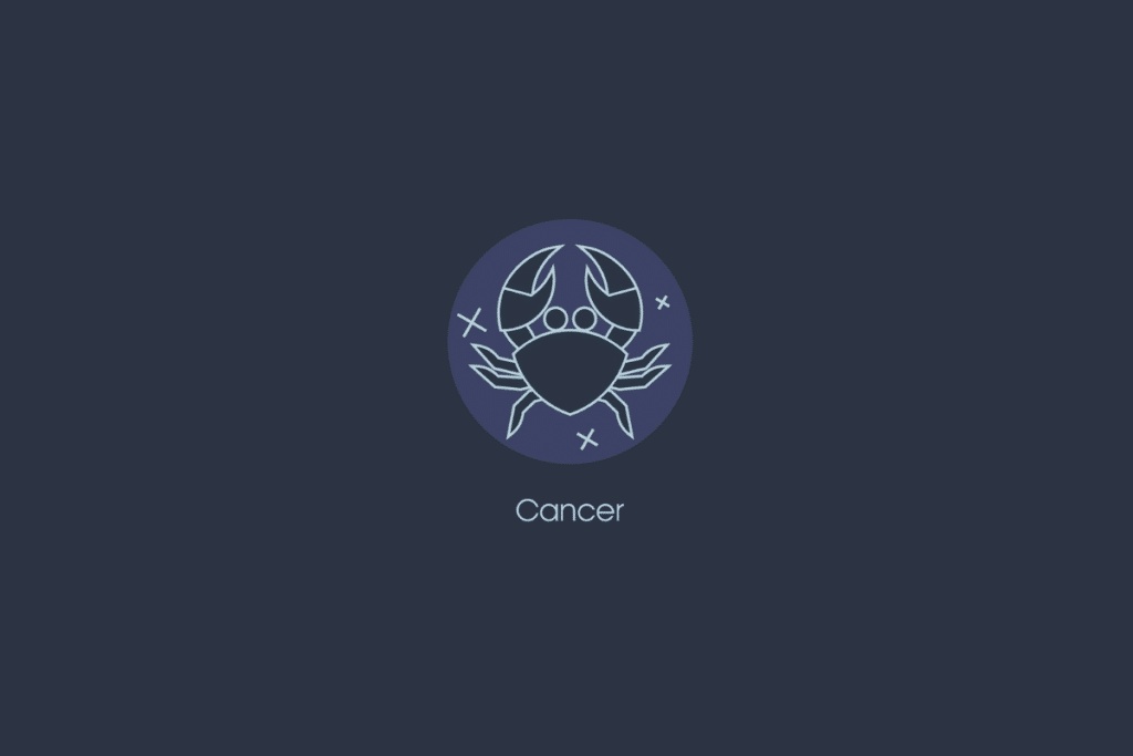 Ilustração do signo de câncer dentro de um círculo azul-claro com estrelas, nome do signo abaixo e fundo azul-escuro