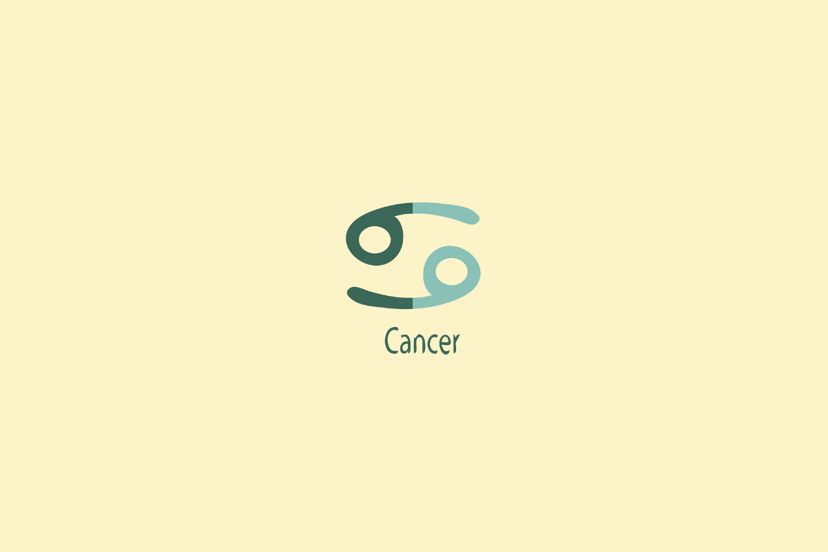 Ilustração do signo de câncer em azul-claro e escuro centralizado sobre fundo amarelo