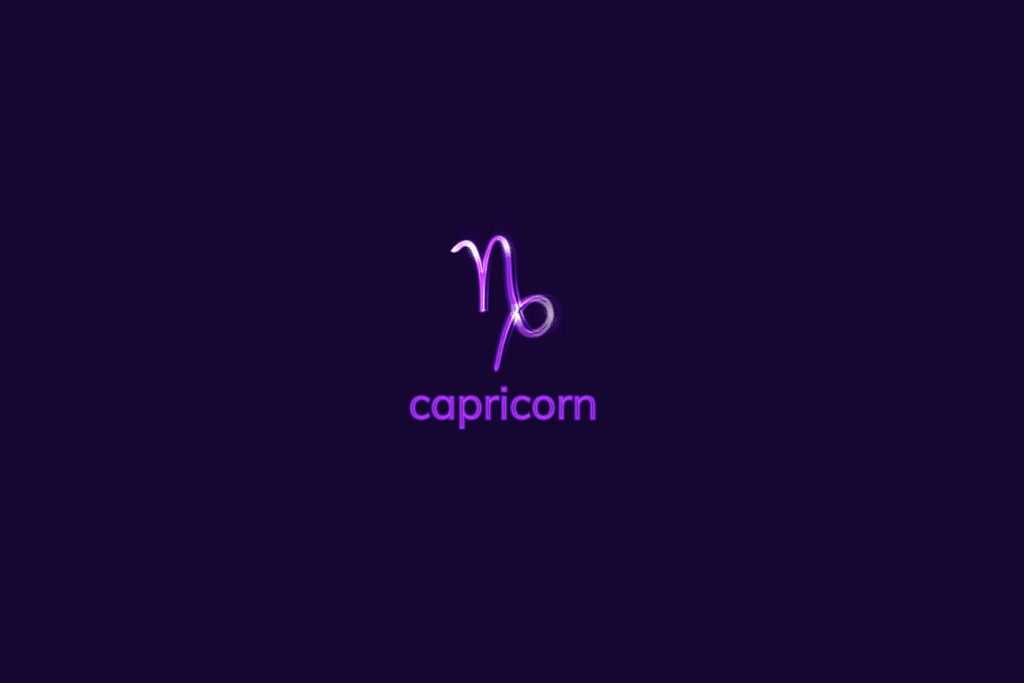 Ilustração do signo de capricórnio em roxo-claro, com luzes brancas, nome do signo abaixo e composição centralizada sobre fundo roxo-escuro