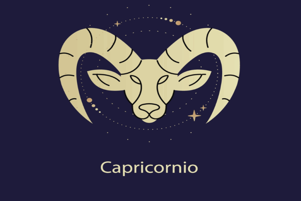 Ilustração amarela do símbolo e do nome do signo de capricórnio sobre fundo azul-escuro