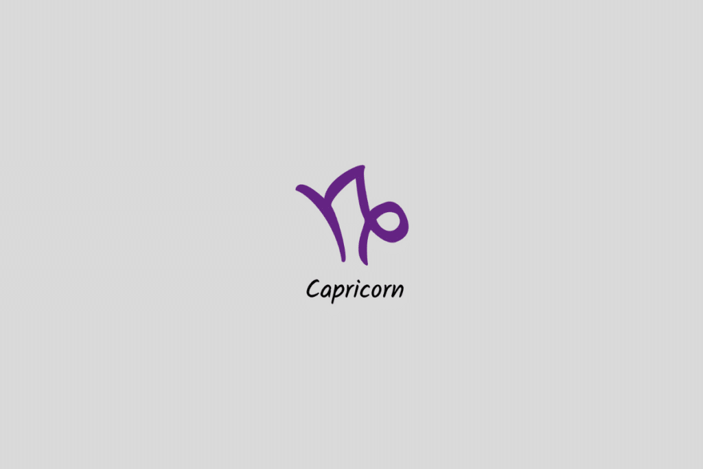 Ilustração do signo de Capricórnio em roxo, com o nome abaixo, centralizada sobre um fundo cinza-claro