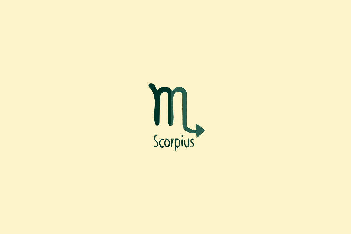 Ilustração do signo de escorpião em verde-claro e escuro centralizado sobre fundo amarelo